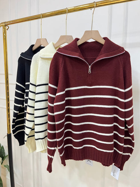Heavy Knitted Collar Zip Stripes Pullover